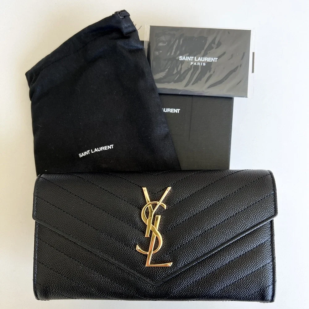 Saint Laurent YSL Large Grain de Poudre Leather Flap Wallet in Black - Picture 2 of 10
